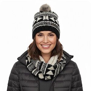 Black and White Knit Beanie and Scarf Set